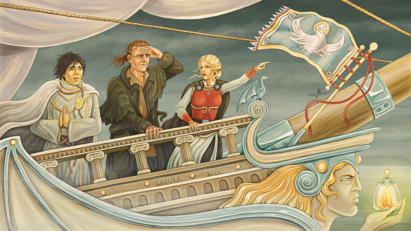 Die Helden Kenji, Henk und Octavia (v.l.) auf ihrem Schiff, der "Baiula Spei"